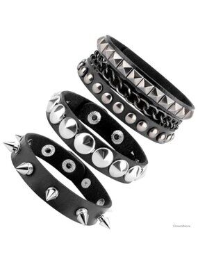 Punk Studded Spike Faux Leather Cuff Bracelet Set Goth Emo Wristband